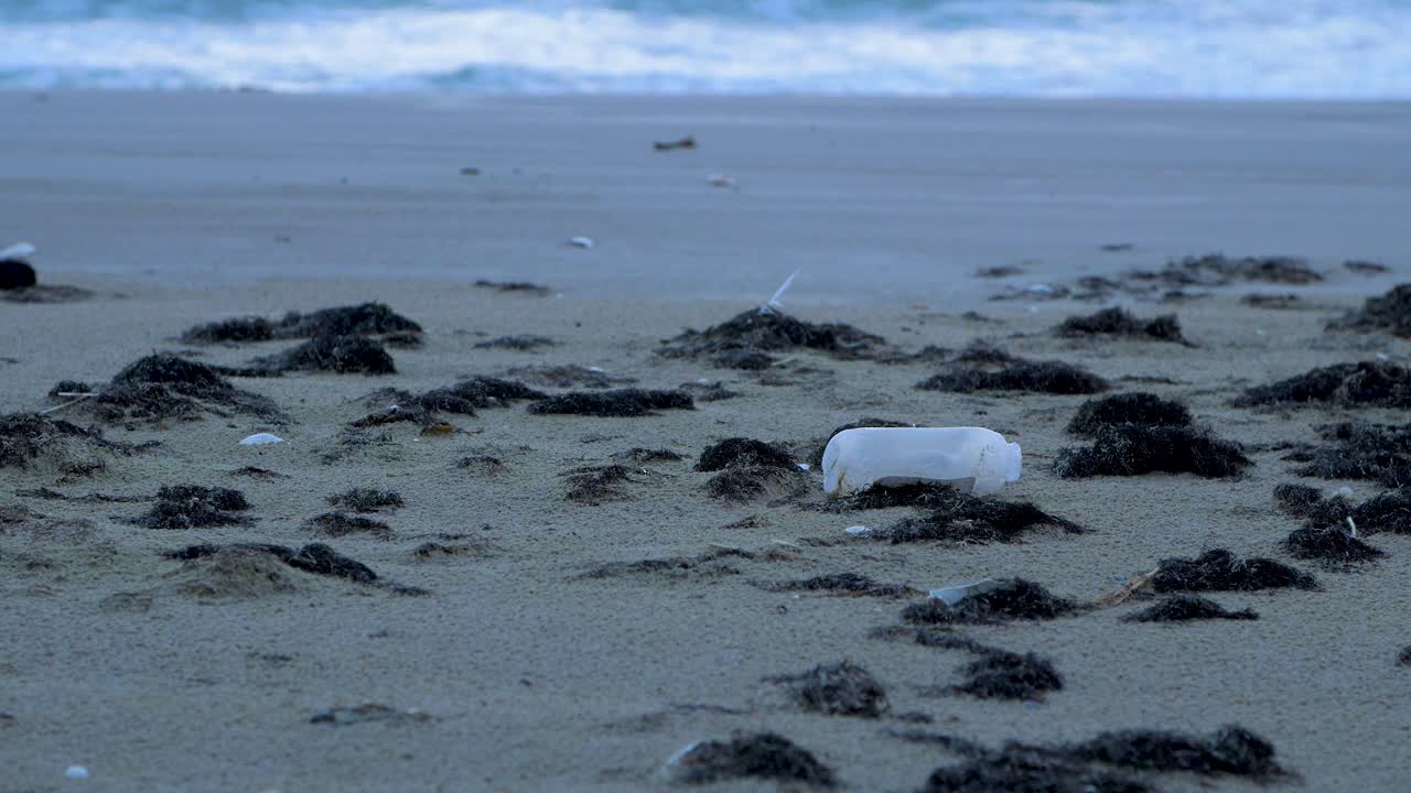 해변에 있는 플라스틱 병, 빈 발트해 백사장에 있는 쓰레기, 쓰레기, 환경 오염 문제, 흐린 저녁, 낮은 중간 샷
