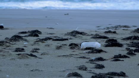 Botella-De-Plástico-En-La-Playa,-Basura-Y-Basura-En-Una-Playa-Vacía-De-Arena-Blanca-Del-Mar-Báltico,-Problema-De-Contaminación-Ambiental,-Noche-Nublada,-Tiro-Medio-Bajo