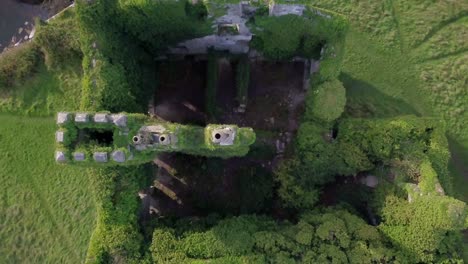 wide aerial top-down shot ascending in menlo castle, galway, well-framed