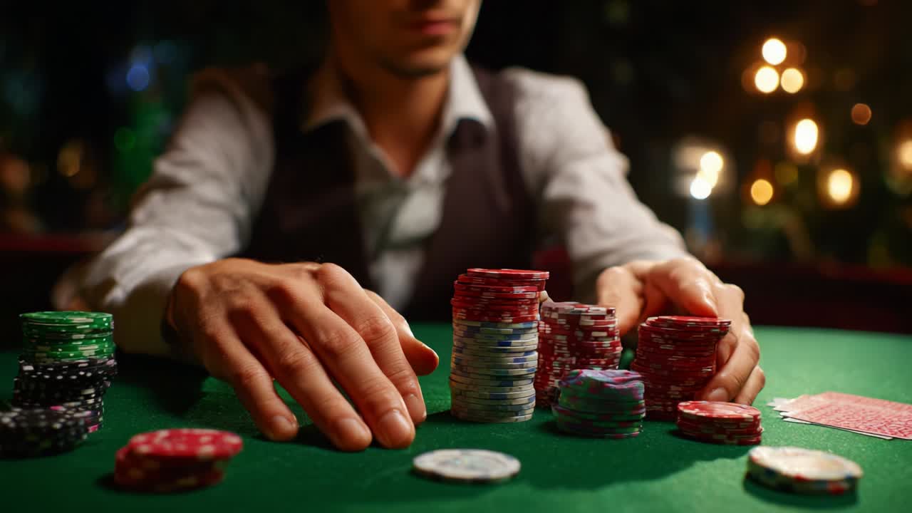 A focused gambler carefully arranging poker chips at a gaming table, showcasing a strategic approach to betting while maintaining an air of concentration in a lively casino environment