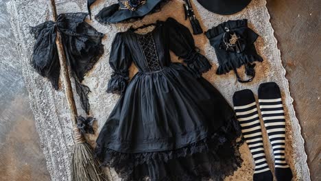 witch costume outfit with black dress, hat, broom, and socks