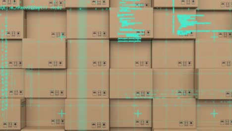 Animation-of-data-processing-over-stack-of-cardboard-boxes