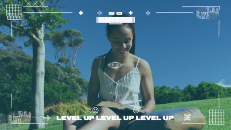 animación de pantalla con procesamiento de datos sobre mujer leyendo un libro en el parque