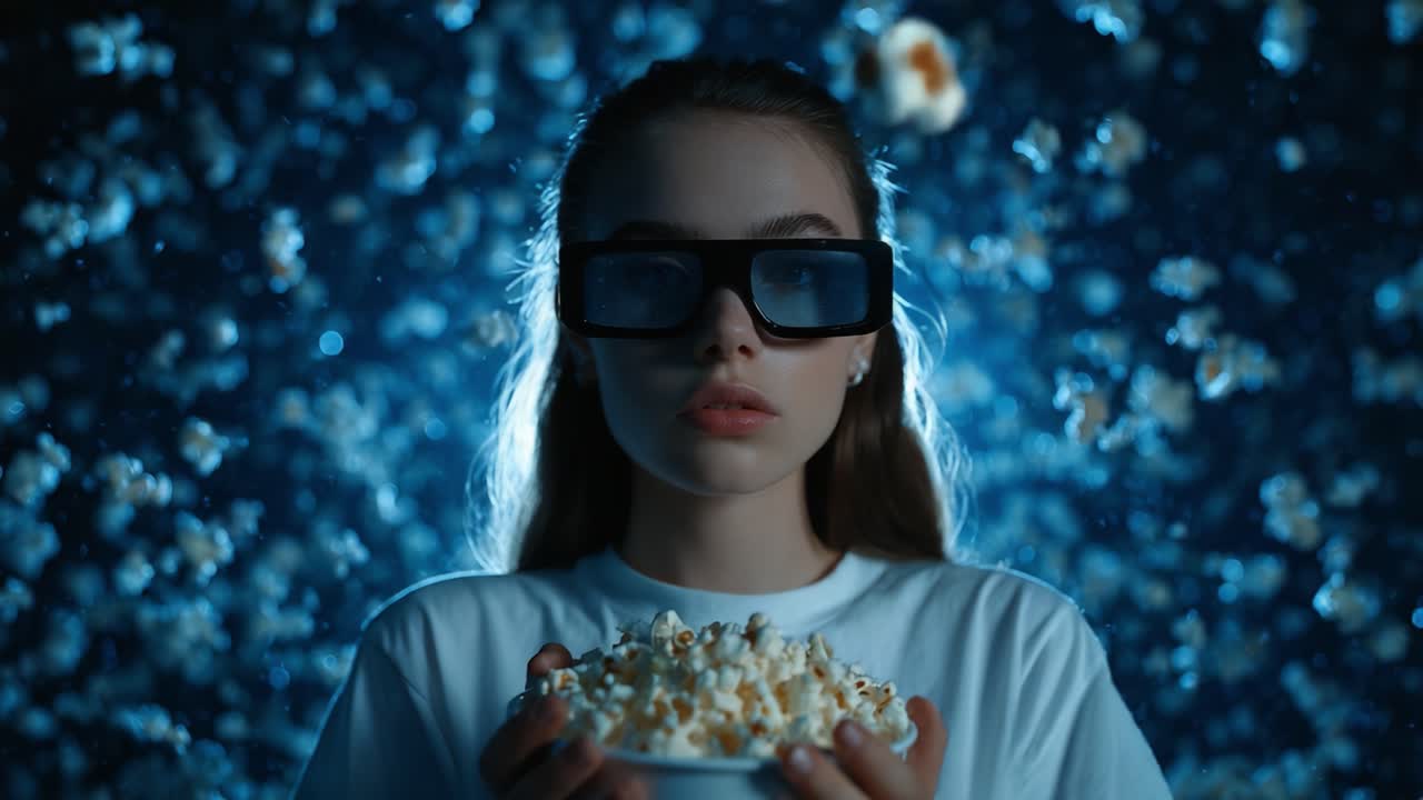 Fengslende øyeblikk av en ung kvinne med 3D-briller som holder en bolle med popcorn, omringet av en magisk strøm av svevende popcorn i en mystisk blå atmosfære.