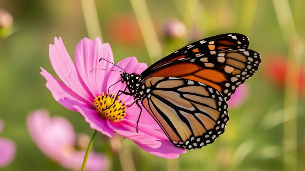 A Beautiful Monarch Butterfly Delicately Perched on a Vibrant Pink Flower, Showcasing Its Striking Orange and Black Wings in a Glorious Natural Setting