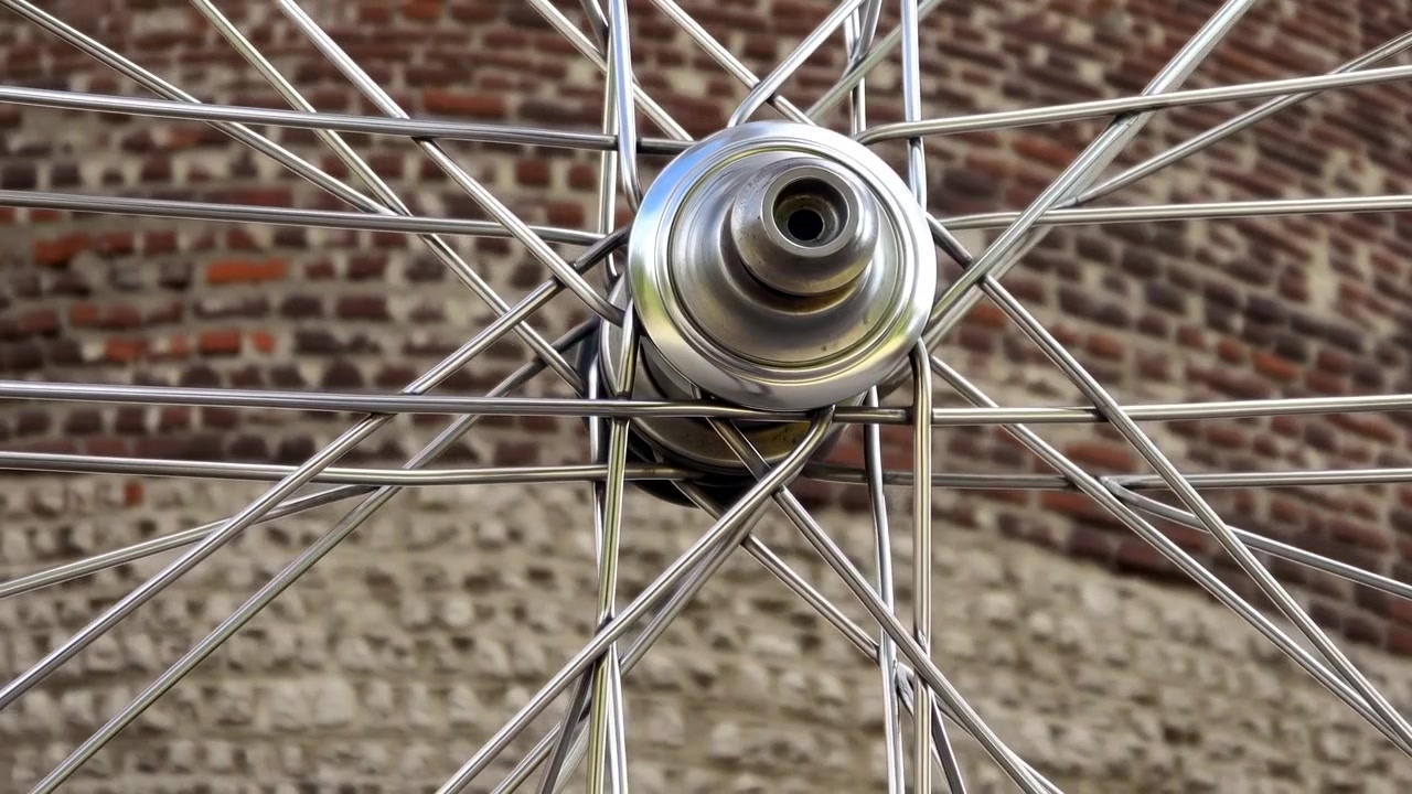 Polished bicycle wheel hub rotates in tight view as stainless steel spokes sweep outward in dense lattice, with exposed axle, reflective highlights, blurred brick wall backdrop, and crisp urban detail