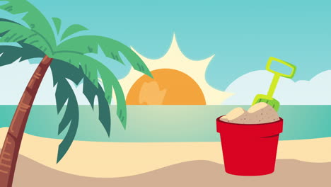 summer time animation with sand bucket on the beach scene