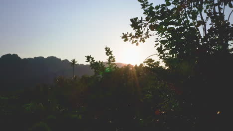 Sun-rising-over-lush-tropical-palm-jungle-and-mountains-in-Thailand