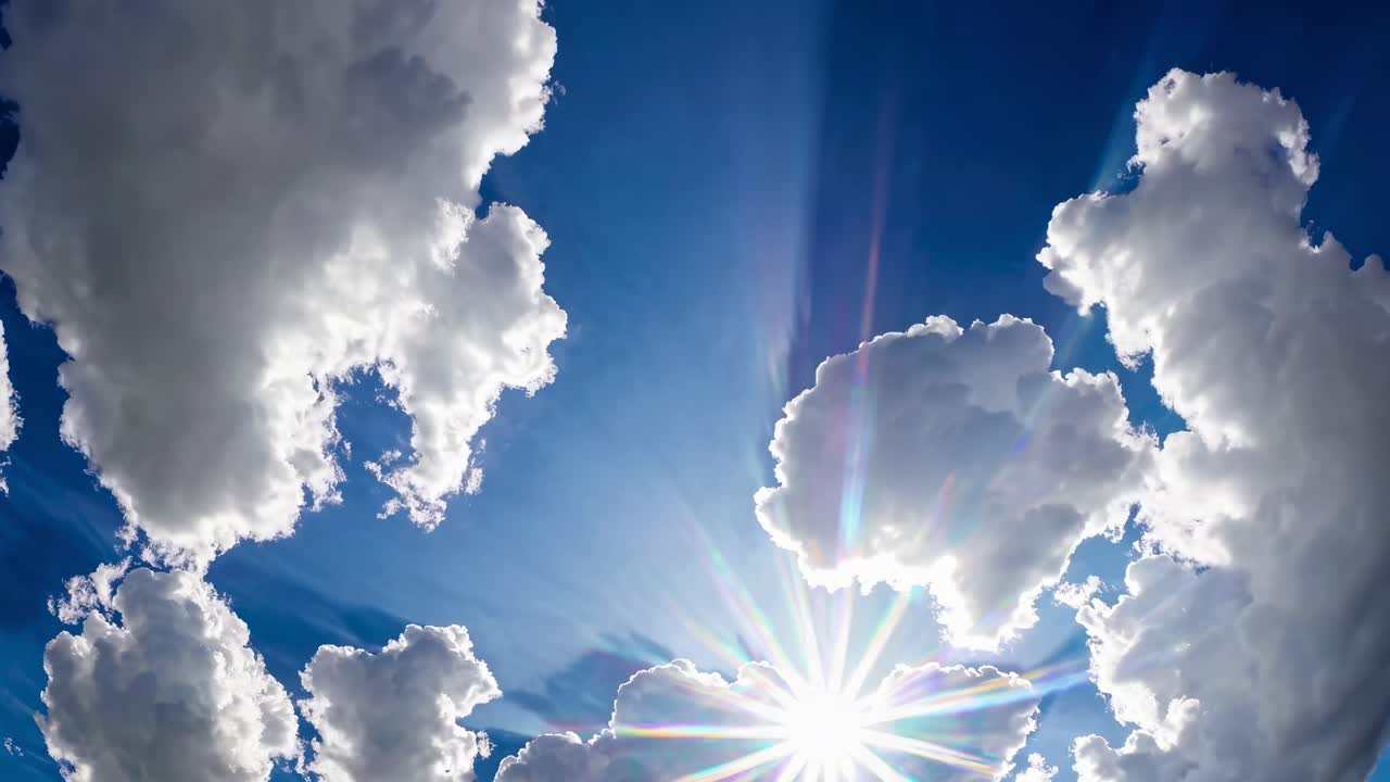 A dramatic low-angle video shot of the sky with sunbeams piercing through fluffy clouds