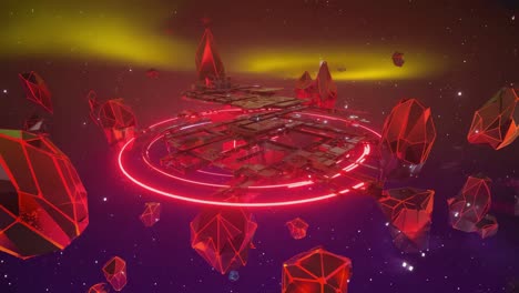 a sci-fi space station surrounded by red asteroids in a colorful nebula