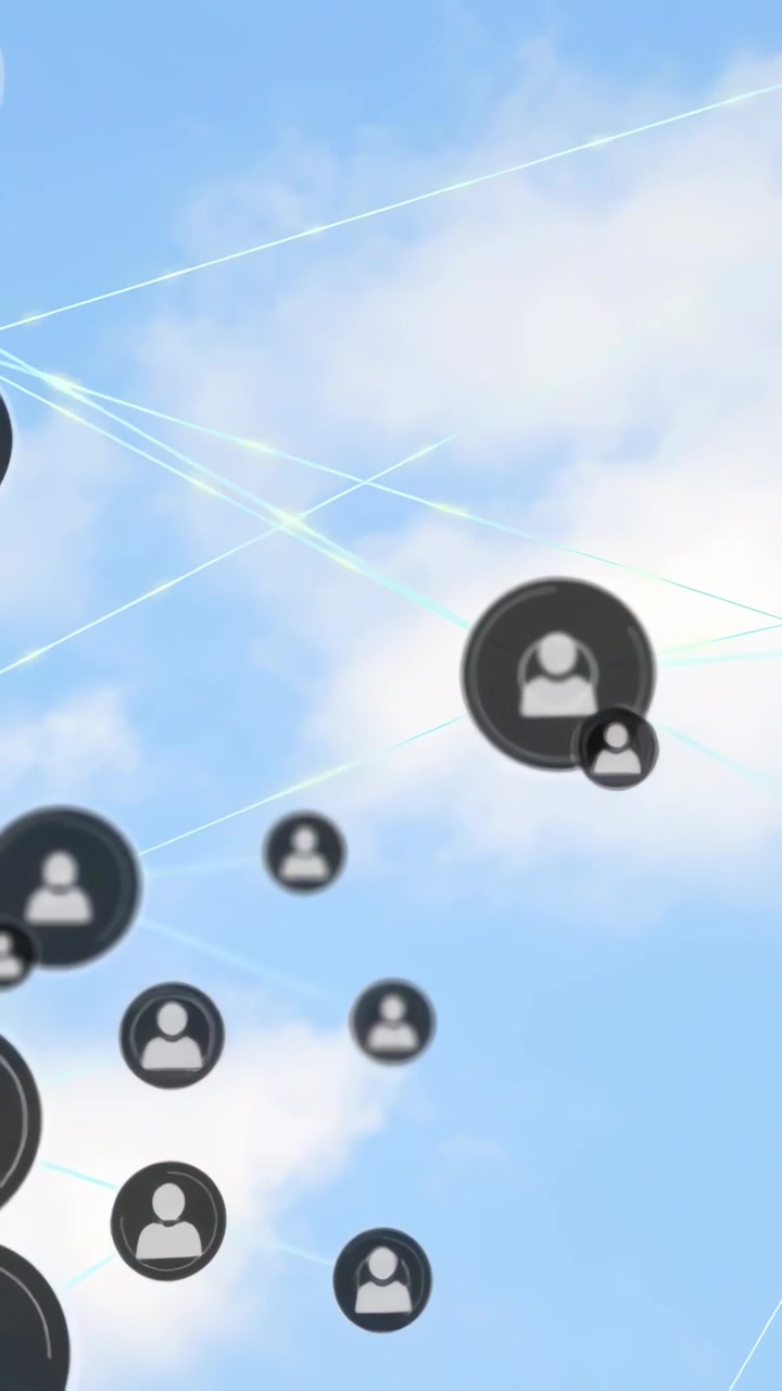 Vertical video: Central icon sending new links tech profile icons linking via blue lines across sky