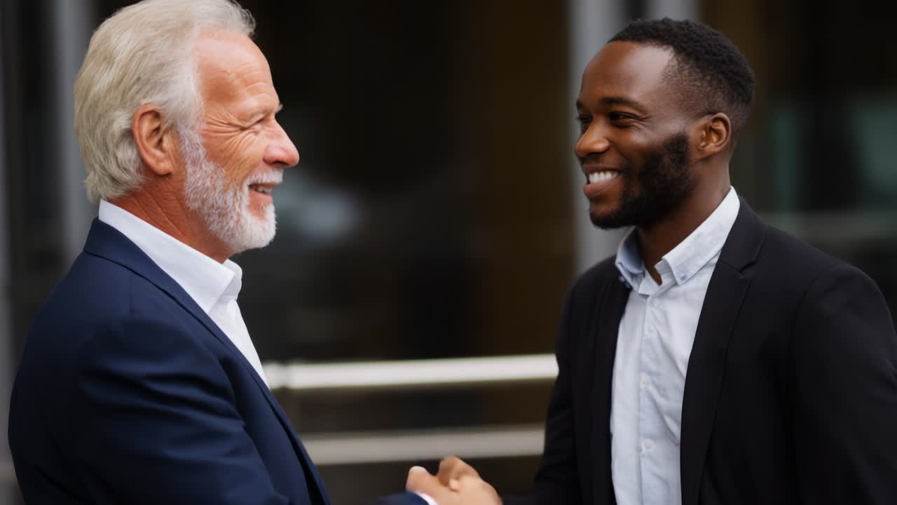 A respectful and engaging handshake between two men, showcasing professional interaction, warmth, and mutual respect, signifying the importance of personal connections in business and collaboration