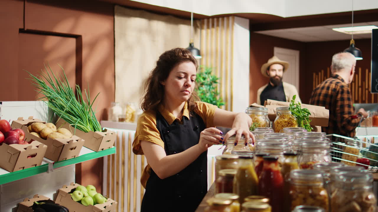 retrato de una mujer trabajando en una tienda de alimentos