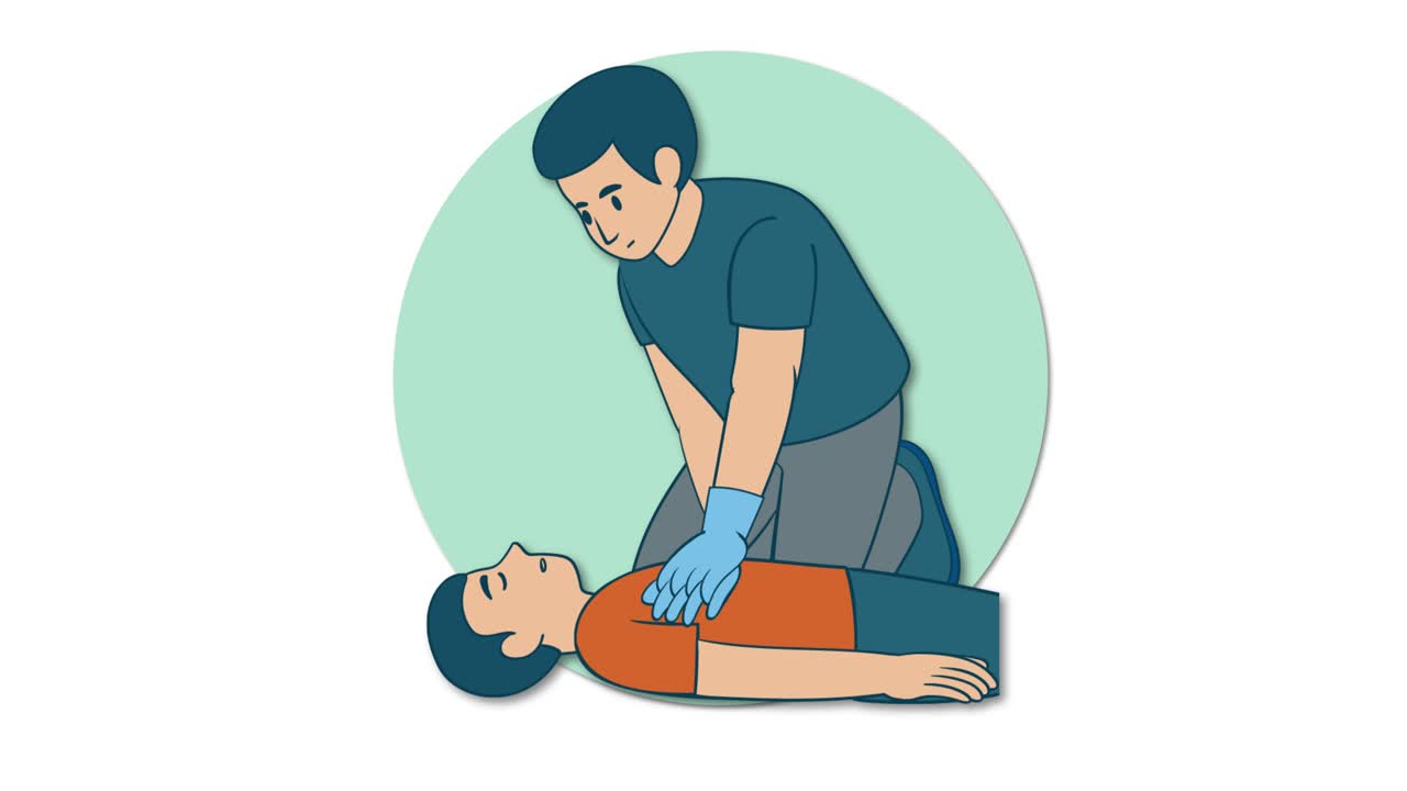 Animated sequence showing CPR chest compressions and rescue breaths with clear, instructional visual style
