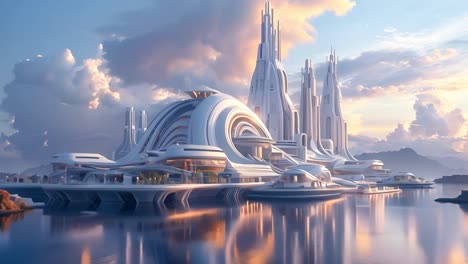 futuristic waterfront cityscape with sleek architecture