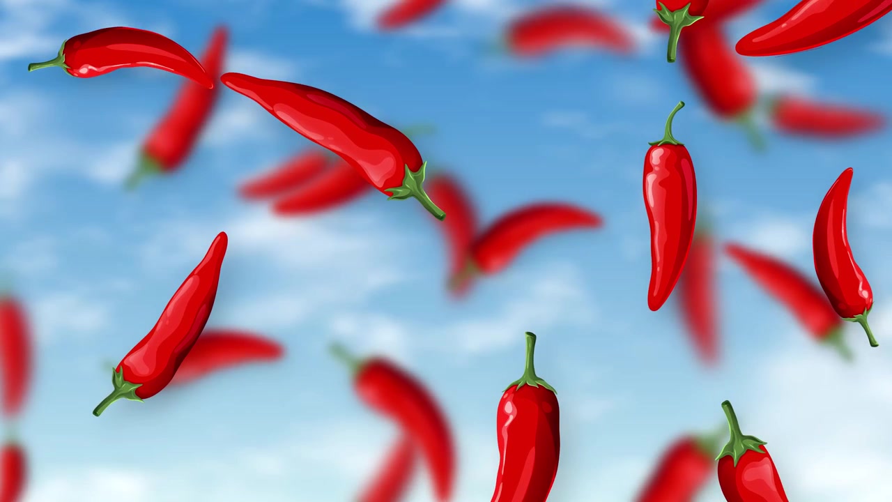 Red chili peppers fall through a blue sky with soft clouds in this loopable animation.