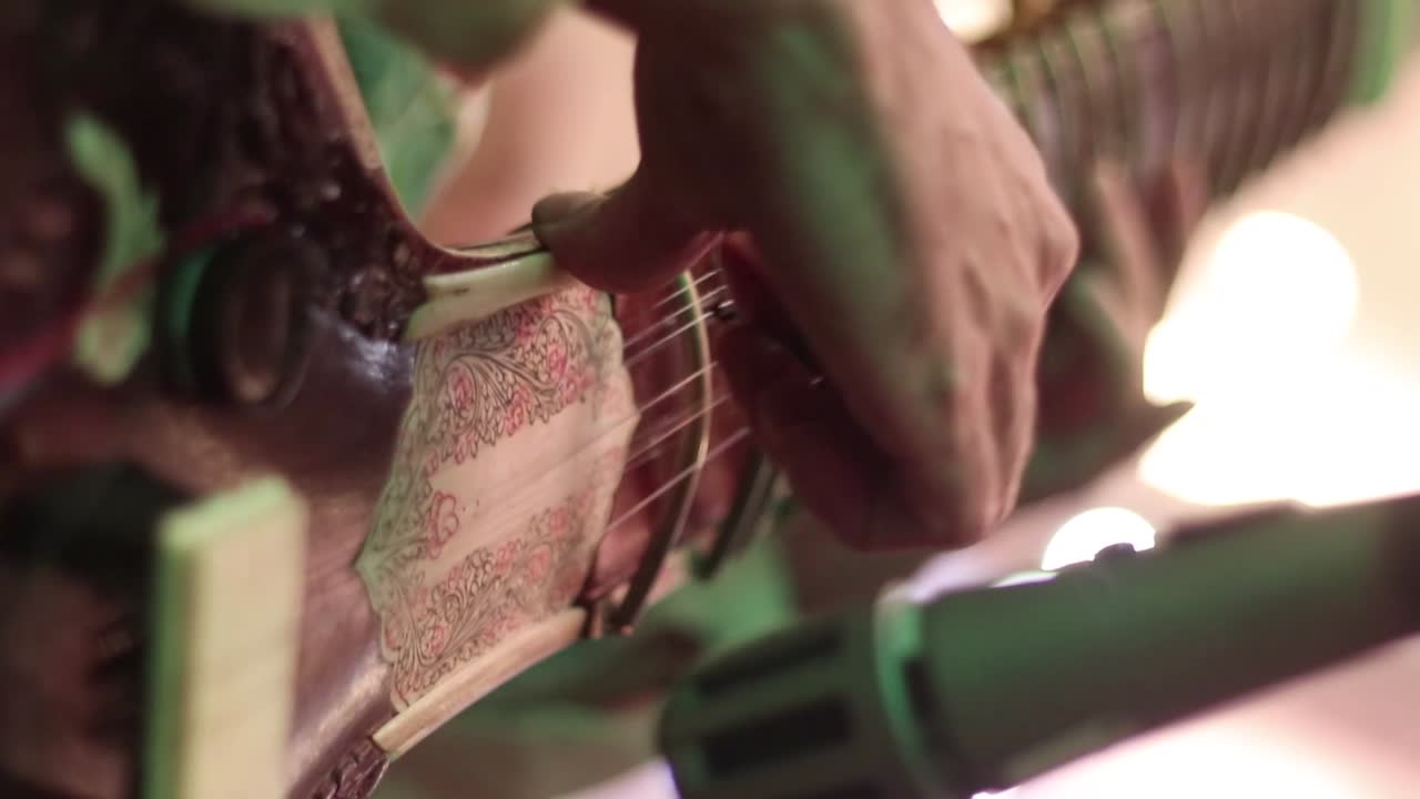 Primo piano di un uomo che suona un sitar indiano, guardando lungo il manico dello strumento