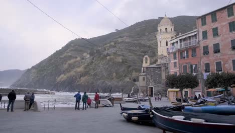 panoramic view in slowmotion of vernazza, 5 terre, during a sea storm