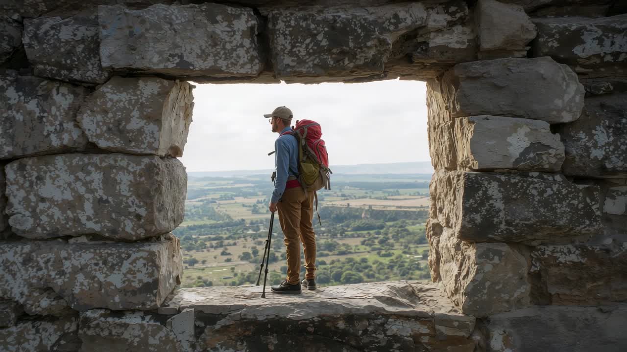 Arriving hiker wearing baseball cap pausing to view valley through aperture, with red pack and pole