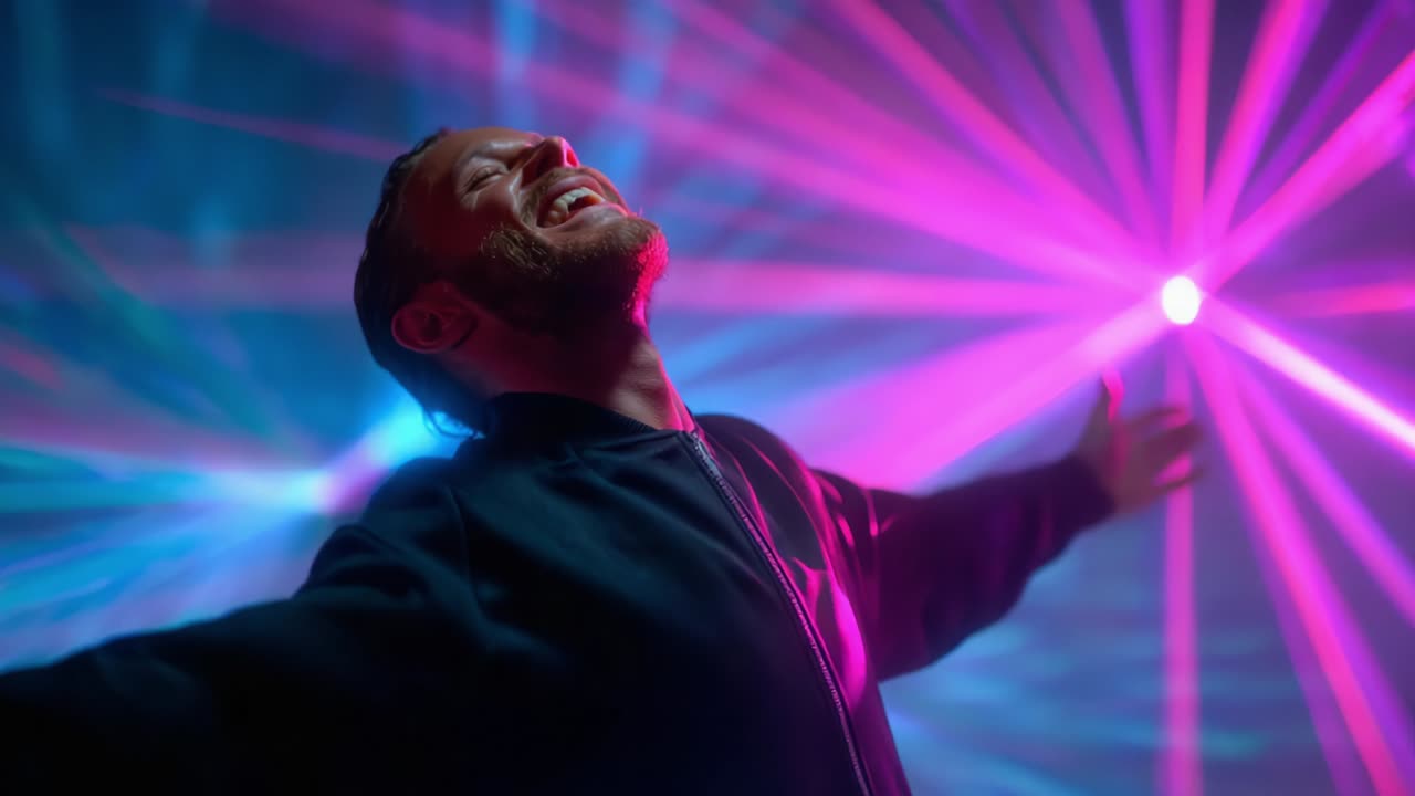 Energetic Celebration of Joy and Freedom under Vibrant Light Effects Featuring a Person with Outstretched Arms Embracing the Moment with Happiness and Exuberance Captured in a Stunning Atmosphere