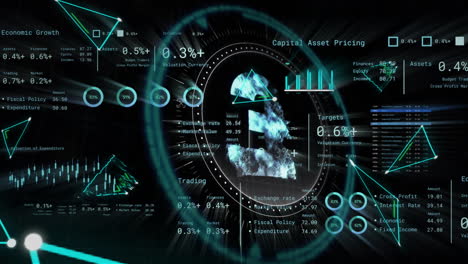 animation of data processing and cryptocurrency symbol over black background