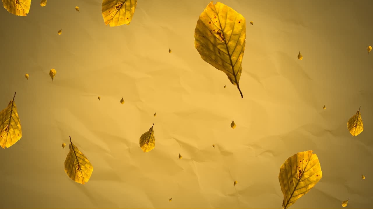 animación de hojas amarillas de otoño que caen sobre un fondo de papel de textura amarilla