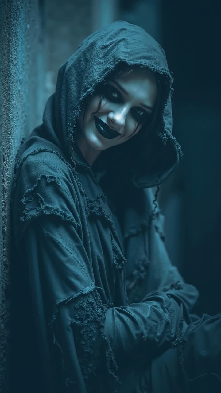 A woman in a hooded cloak leaning against a wall