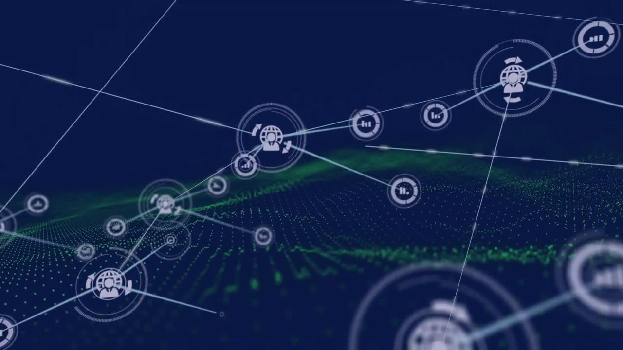 Animation of network of connections with icons over blue background
