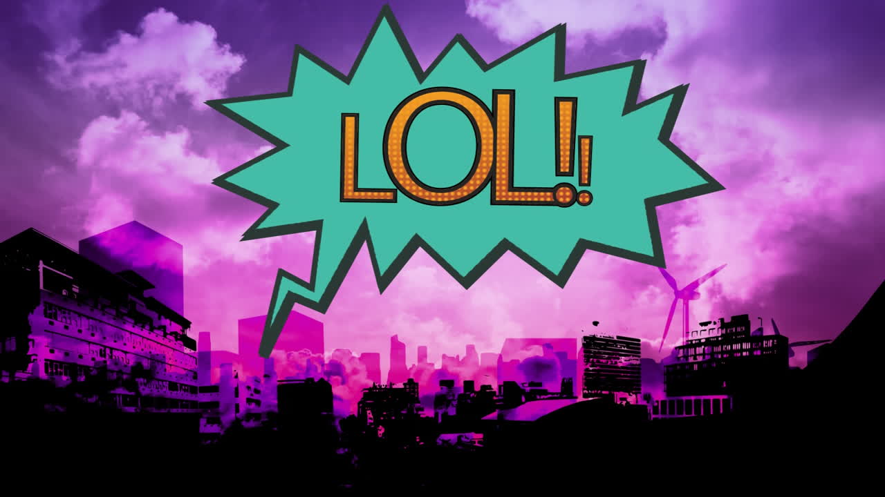 도시 풍경 배경에 exclamation 거품에서 lol 단어