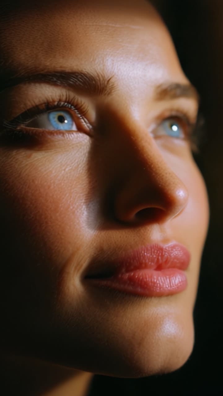 Captivating Close-Up of a Woman's Illuminated Face Showcasing Striking Features and Expressive Eyes in a Dramatic Lighting Setting