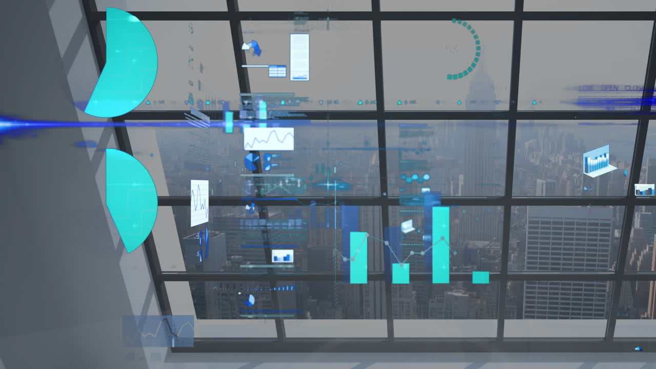 Digital graphs and charts animation over cityscape viewed through large windows