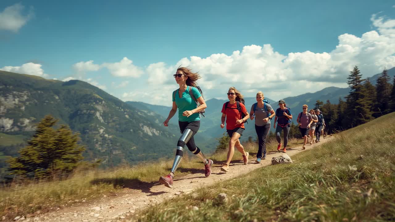 Leading woman in teal top with prosthetic running along alpine trail at dawn, backpacks, copy space