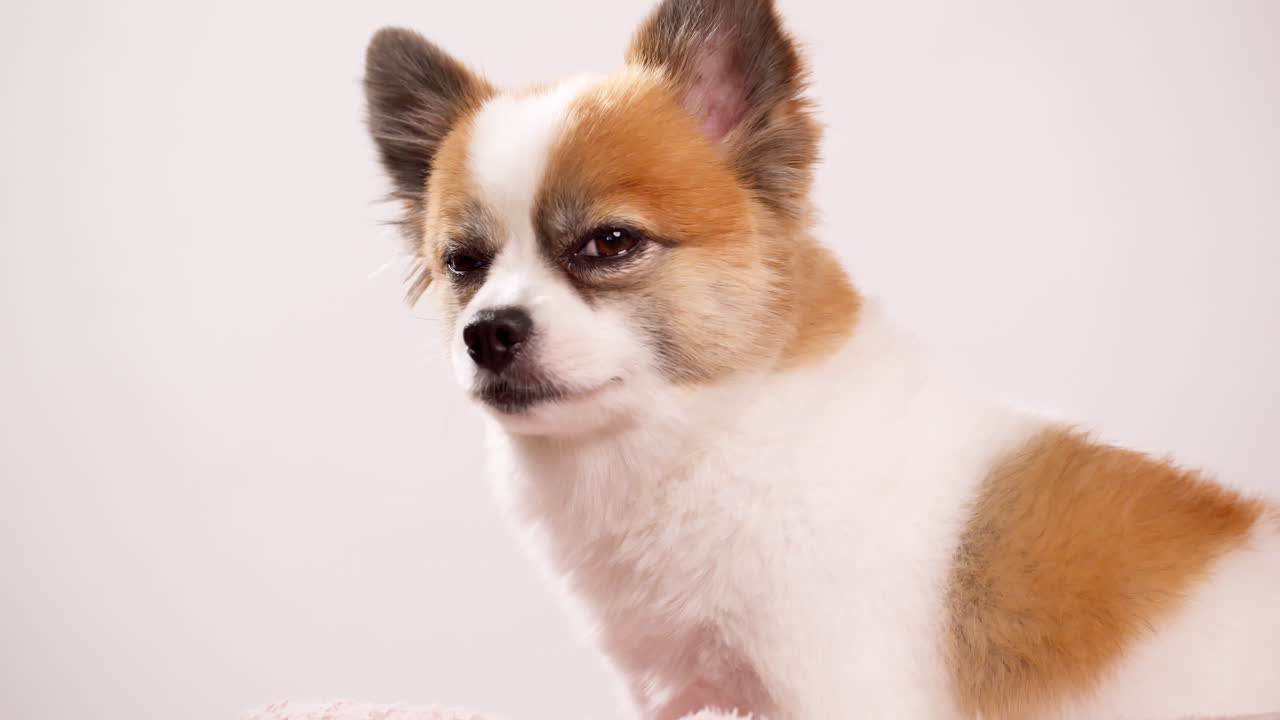 복사 공간이 있는 중립 배경에 치와와 순종 개 세부 사항