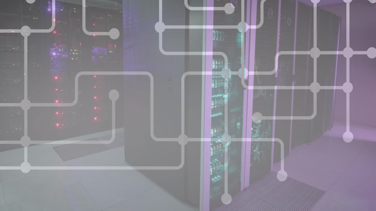 Animation of network of connections against computer server room