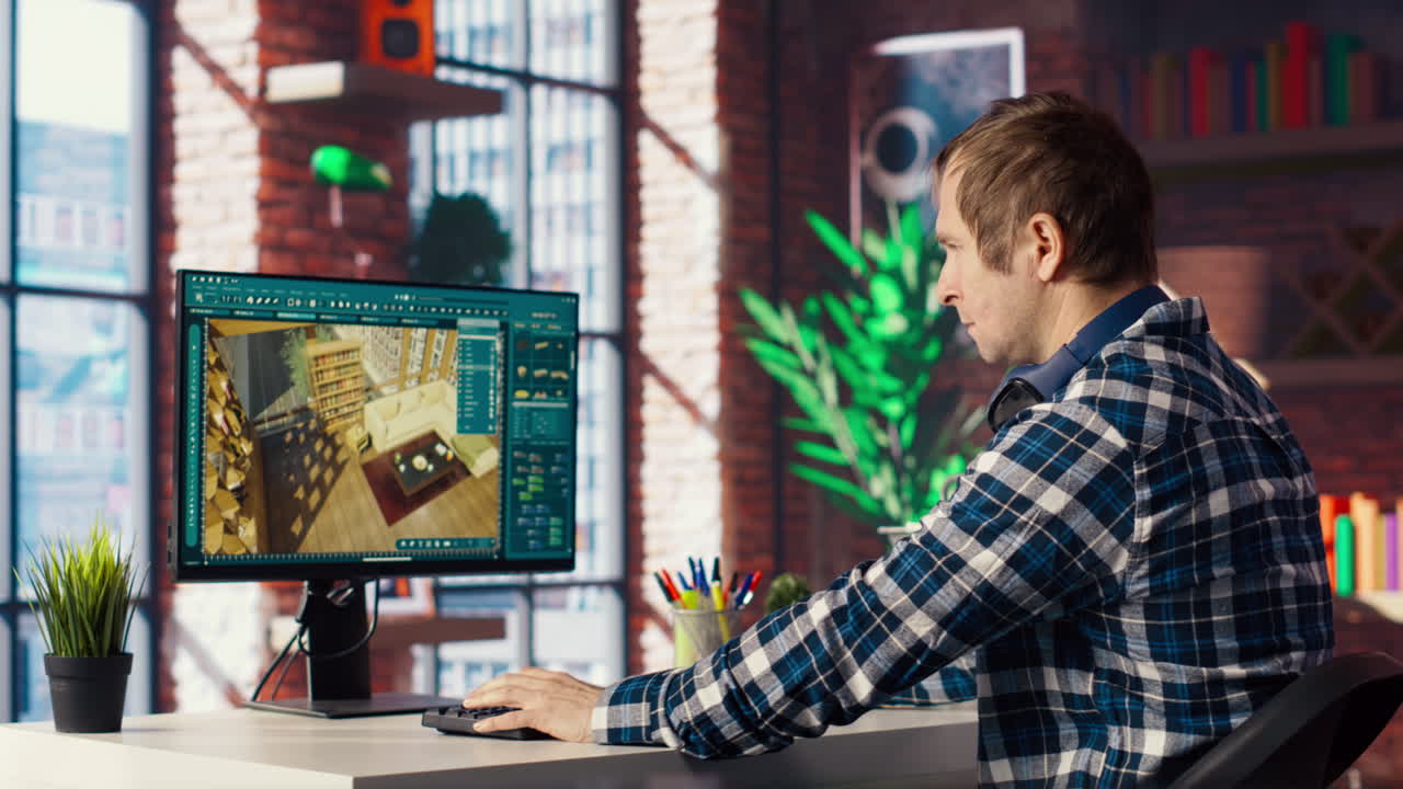 hombre haciendo trabajo remoto en la pantalla de la computadora, moviendo activos en software 3d