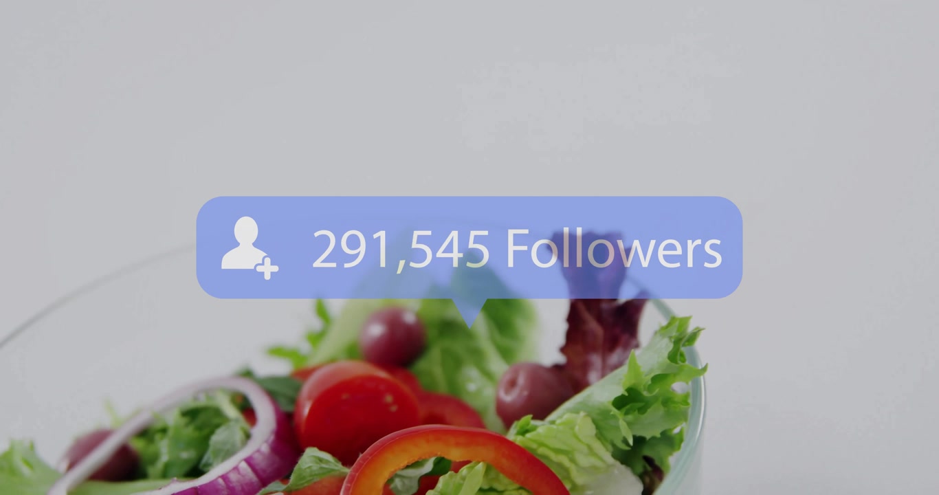 Blue follower count appearing above salad bowl rising every second illustrating audience growth