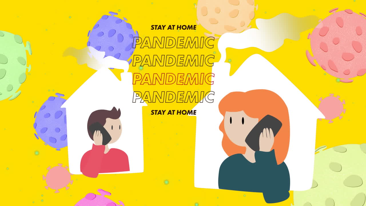 집에 머물라는 단어의 애니메이션 전염병은 집에 머물러있는 사람들을 떠다니는 세포로  ⁇ 고 있습니다.