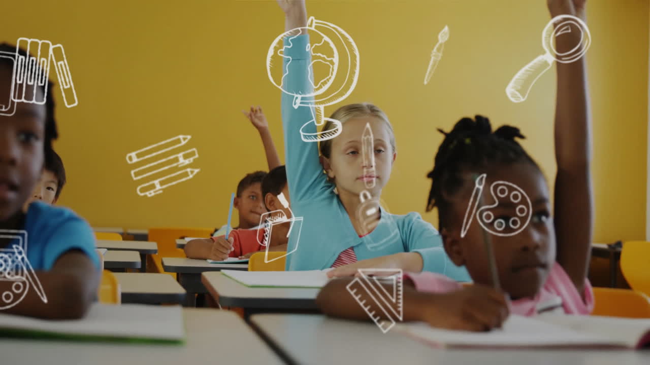 Animation of school items icons over diverse schoolchildren learning in classroom