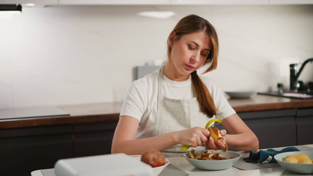 Chef wearing apron seated at kitchen counter peeling brown potato with yellow peeler over plate filled with skins, surrounded by peeled and unpeeled potatoes, kitchen tools, and clean cooking area