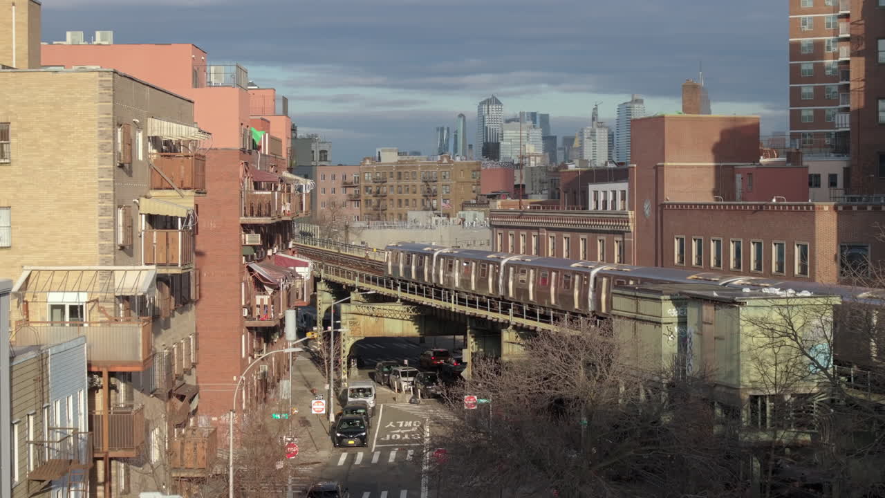 Aerial view of the subway in Brooklyn. Shot in New York City on a winter morning.