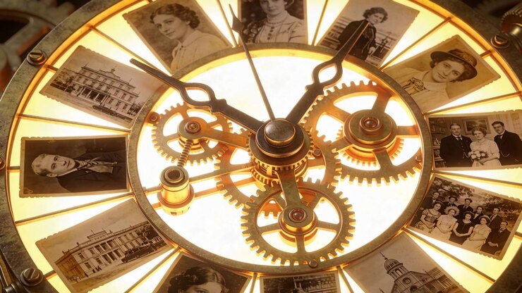 Mechanism engaging rotating clock on set moving hands keeping time showing gears and backlit panels
