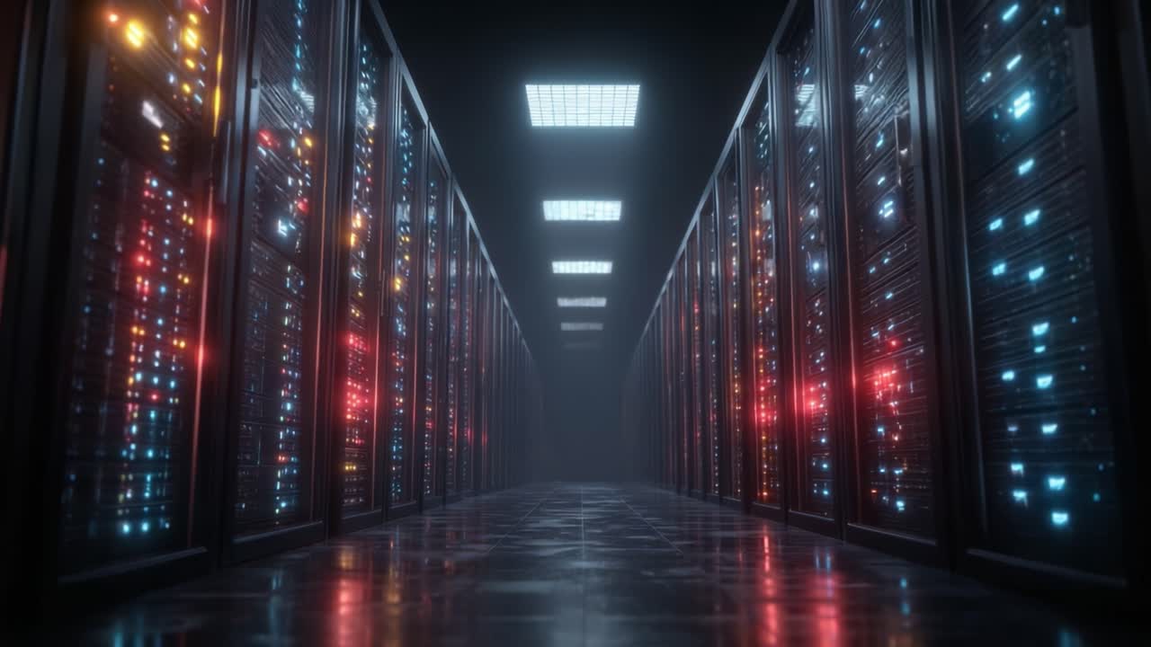 A Stunning View of a Modern Data Center Corridor, Showcasing Rows of Sophisticated Servers Illuminated by Vibrant Lights Reflecting Through the Room