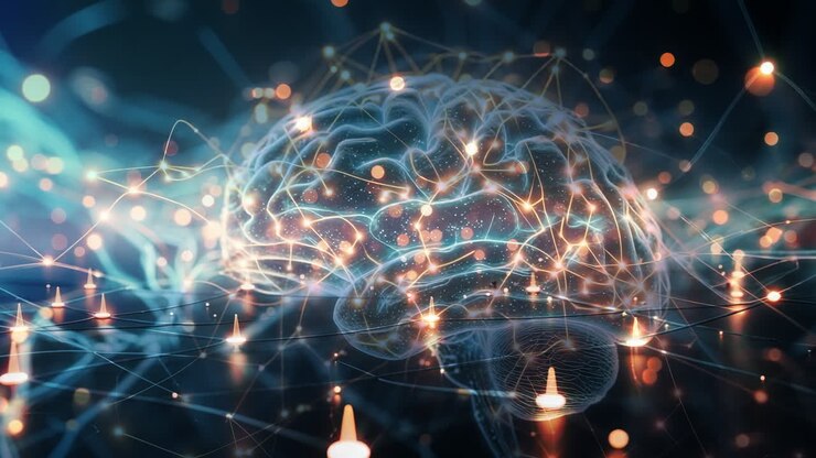 Immagine concettuale di un cervello umano illuminato con reti neurali
