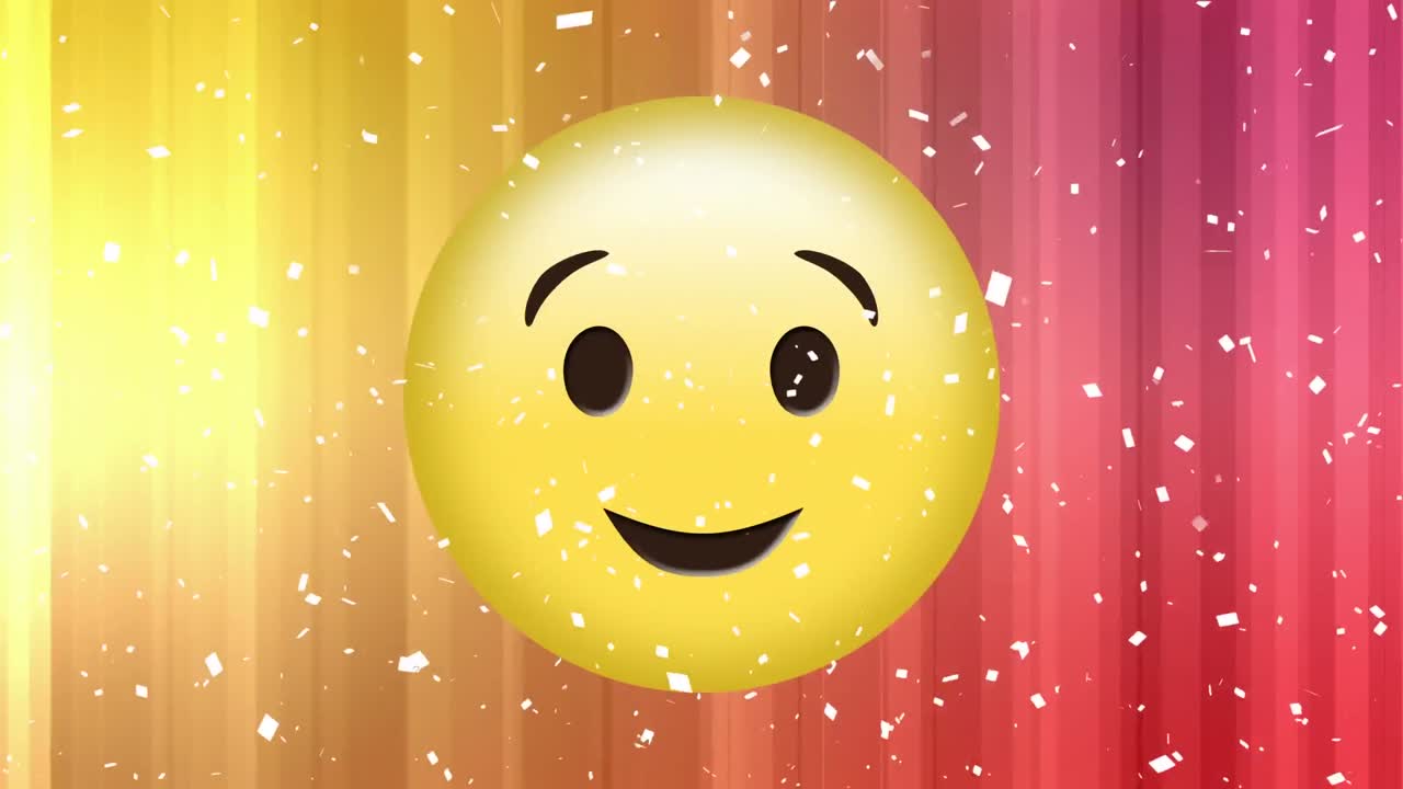 animación del icono de emoji feliz sobre el confeti que cae sobre un fondo colorido