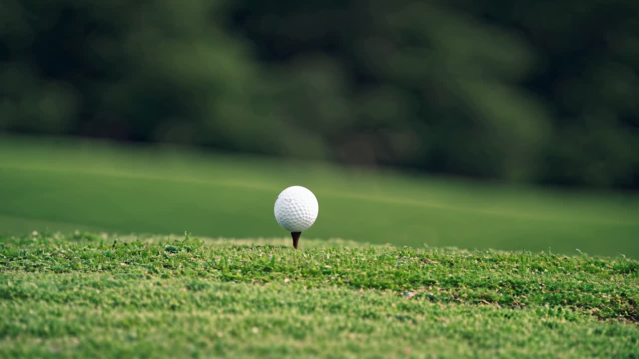 Inquadratura dal basso di una pallina da golf su un tee, con un fairway verde e rigoglioso sullo sfondo
