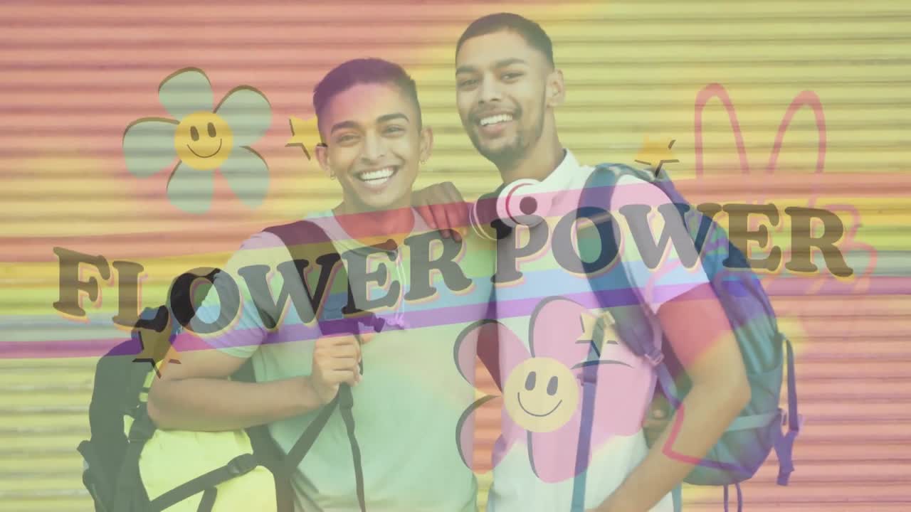 Animation of flower power text with rainbow and flowers over happy male gay couple