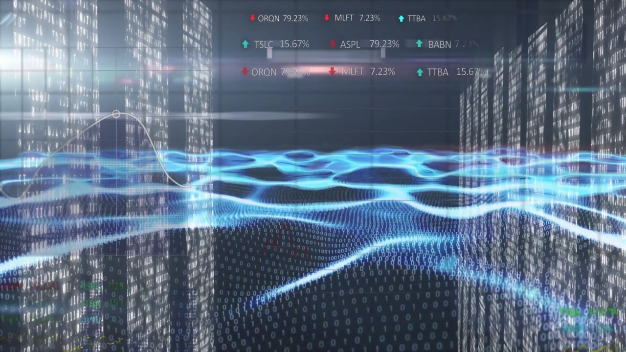 Holographic data wave grid undulating, featuring binary streams and stock tickers