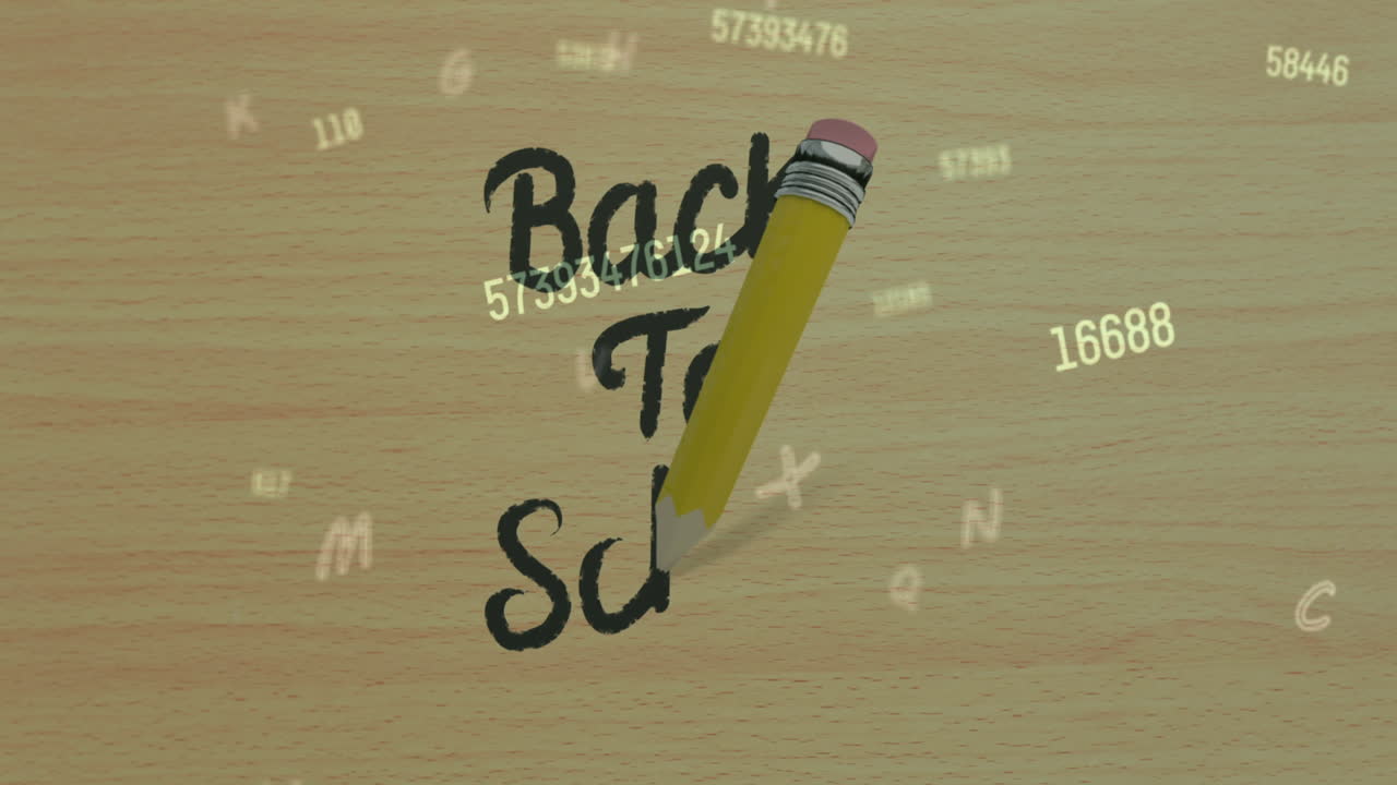 나무 바탕에 학교로 돌아가는 텍스트와 숫자를 가진 연필의 애니메이션