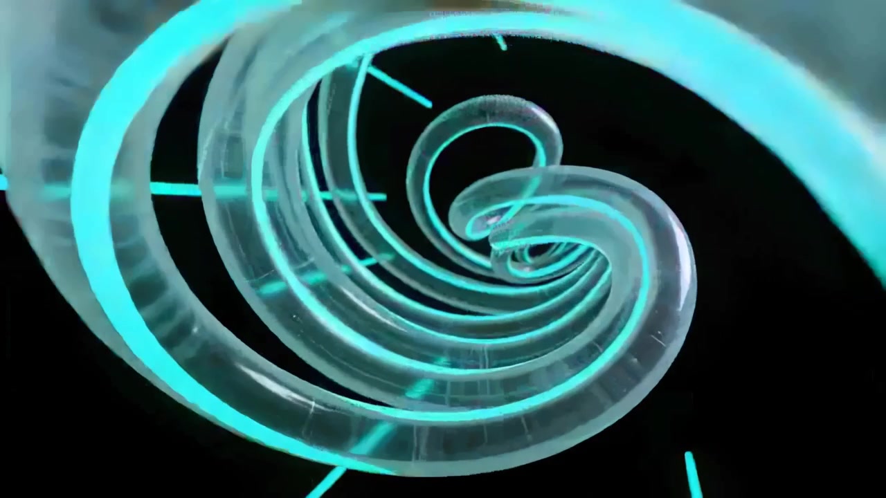 Advancing camera showing rotating coiled tubes winding inward in black void, revealing cyan rods