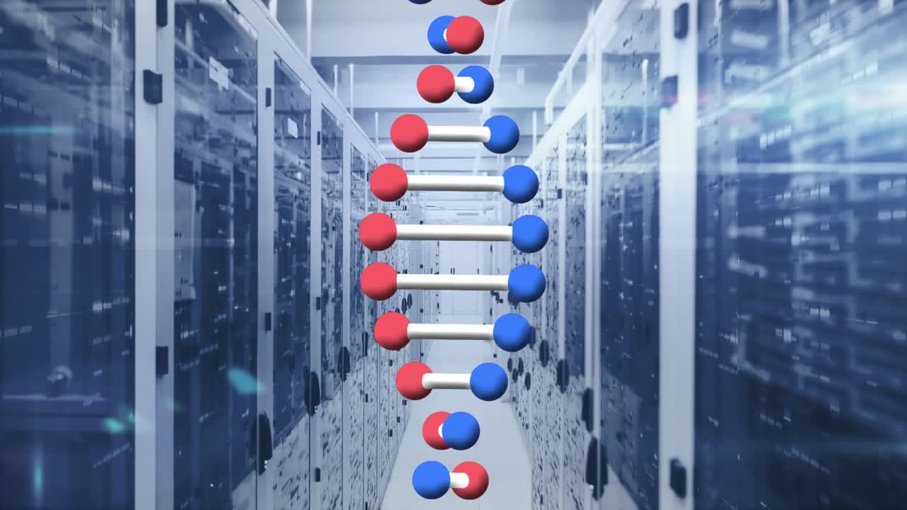 Animation of dna rotating and lights over servers